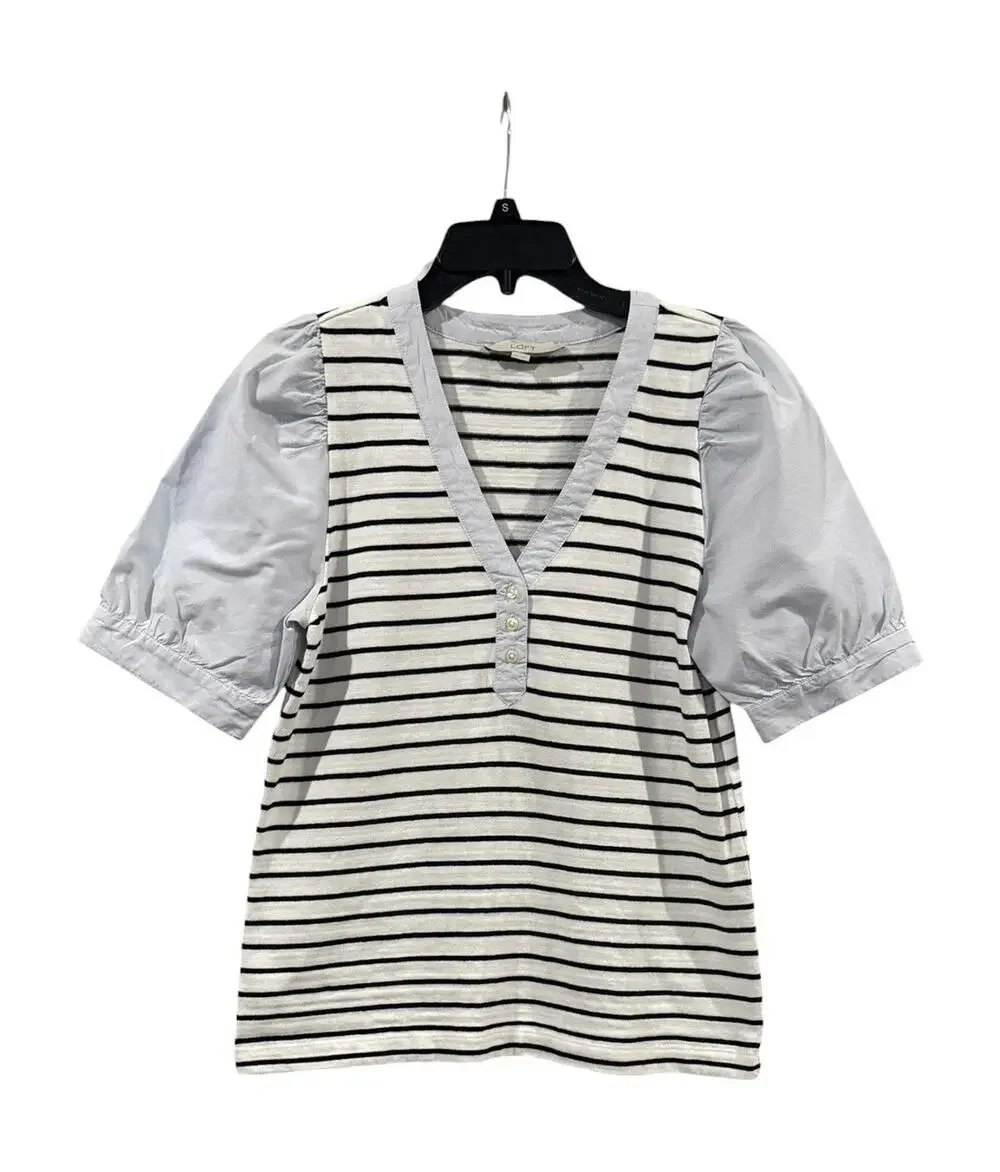 LOFT Blue & White Striped V-Nexk Top Cotton Womens MP Preppy Coastal Puff Sleeve